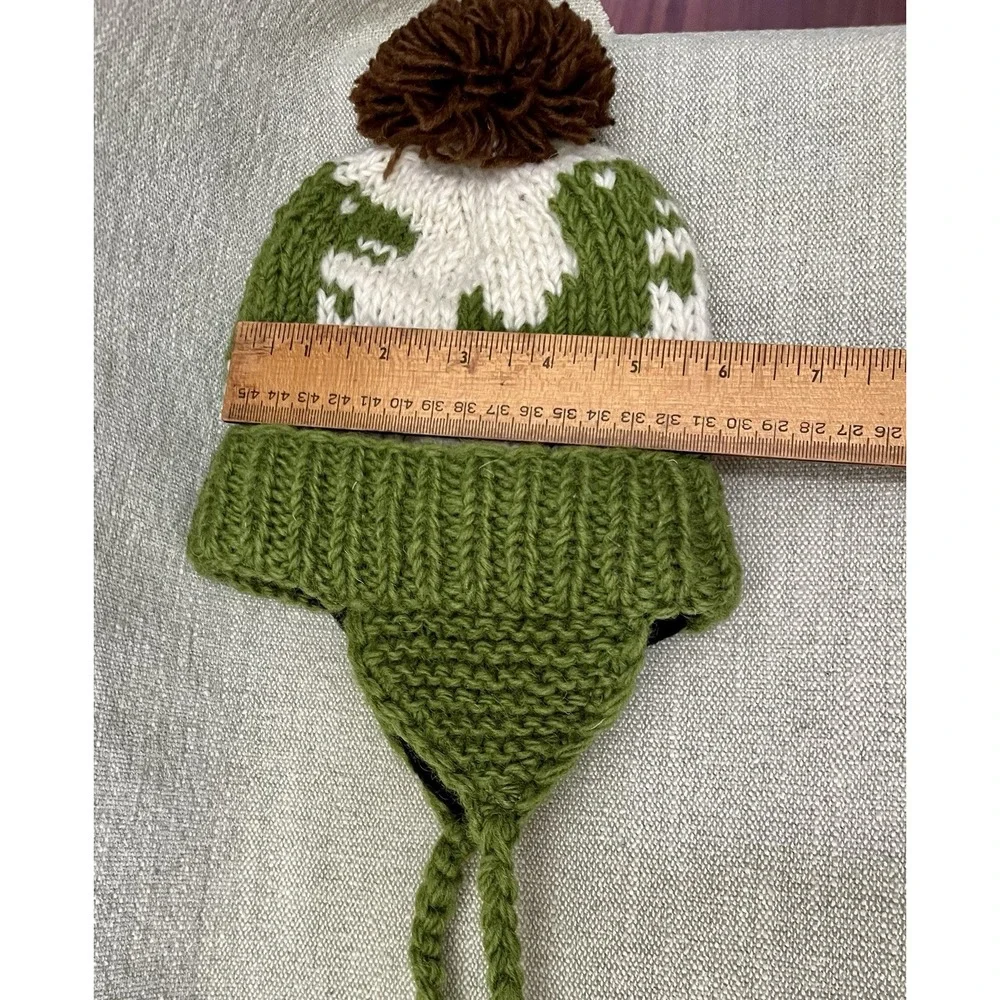 Toddler Medium Knitted Dinosaur Earflap Wool Fleece Hat Green Brown Cream Beanie
